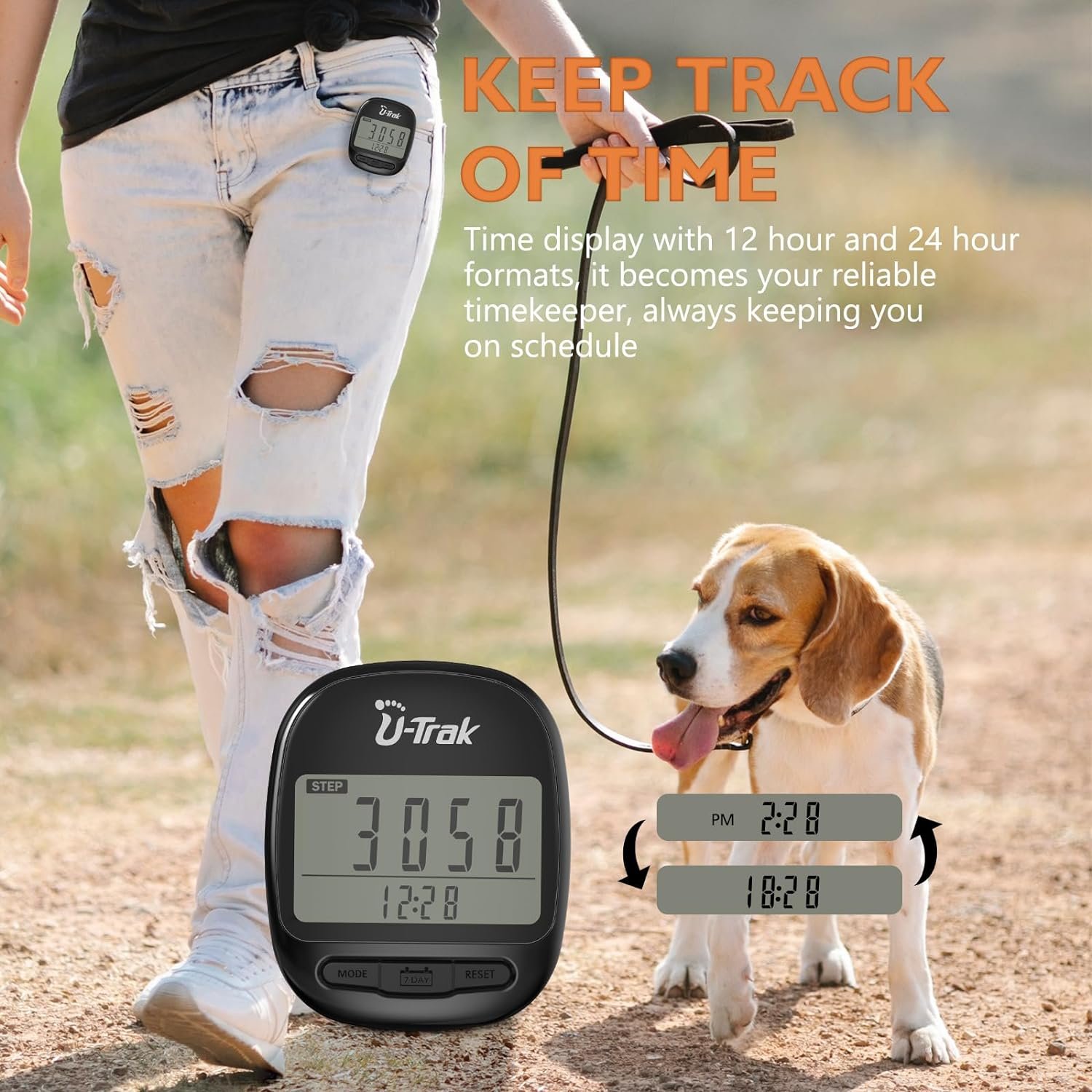 U-Trak Pedometer for Walking Simple Step Counter Accurate Step Tracker Pedometer Clip On with 7 Days Memory Distance Miles/Km, Calorie Counter, Clock, Exercise Time for Men Women Kids Seniors Black