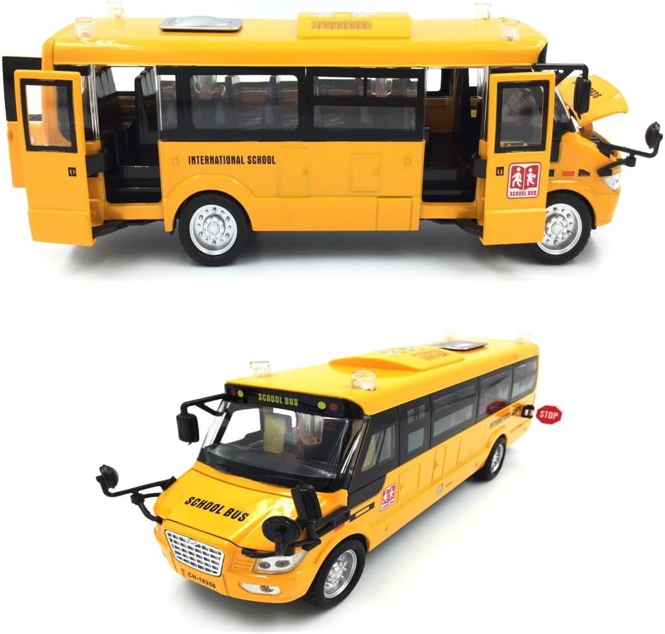 9 Pull Back School Bus,Light Up  Sounds Die-cast Metal Toy Vehicles with Bright Yellow and Openable Doors