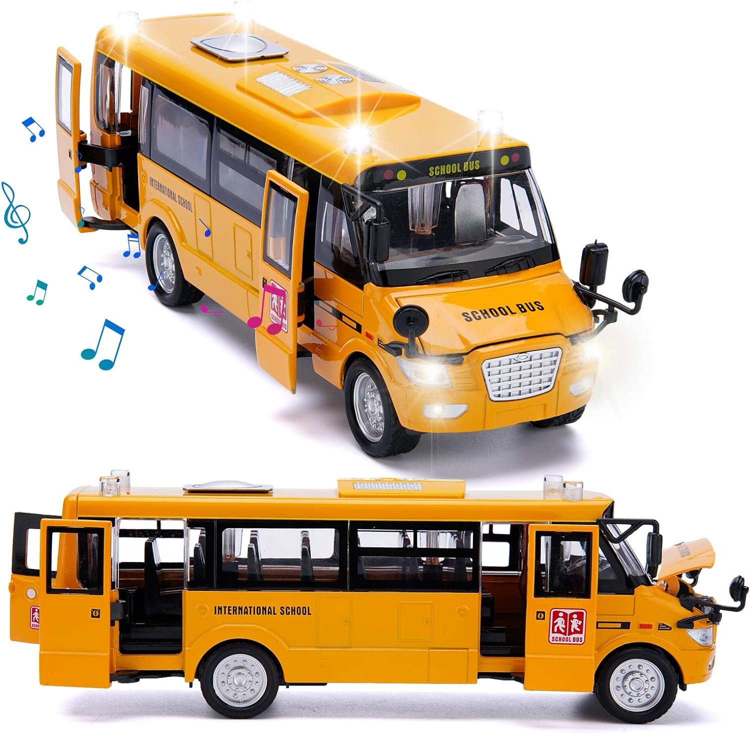 Crelloci School Bus Toy, Die Cast Pull Back 9 Model Cars, with Lights  Sounds, Openable Doors, Large Yellow Metal Toy Vehicles, Play Bus for Boys Girls Kids Toddlers Ages 3+