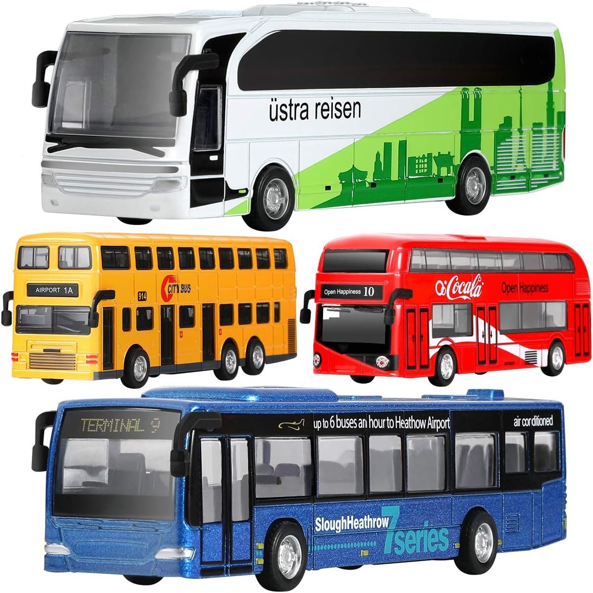 Geyiie Bus Toys Cars Set, Kids Die-Cast Metal Cars for Boy Girls 3-8 Years Old Pull Back Car City Bus 1:80 Scale Double Decker London Vehicles, Friction Powered Cars Play Toys Gift, 4 Pack