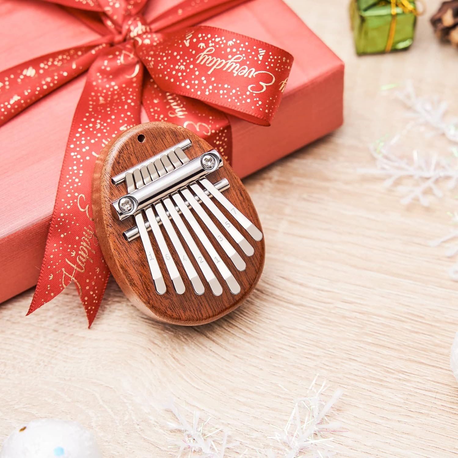 Lronbird Mini Kalimba 8 Key Exquisite Finger Thumb Piano Gifts for Beginners Music Lovers Players, Cute Instrument Pendant Keychain Accessories Miniature Things Ornament for Christmas Tree (Oval)