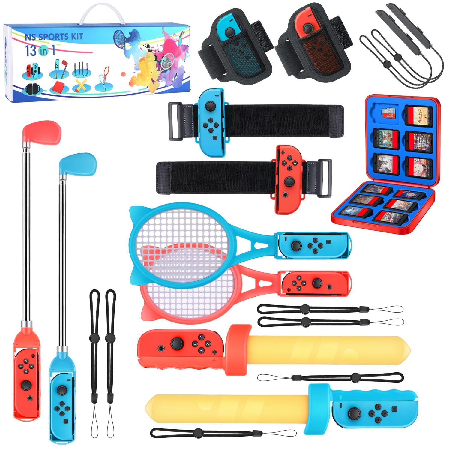 Switch Sports Accessories Bundle - 13 in 1 Family Pack with Tennis Rackets, Adjustable Golf Clubs, Chambara Swords, Soccer Leg Straps, Wrist Band, Joycon Strap, Game Case for Switch  OLED